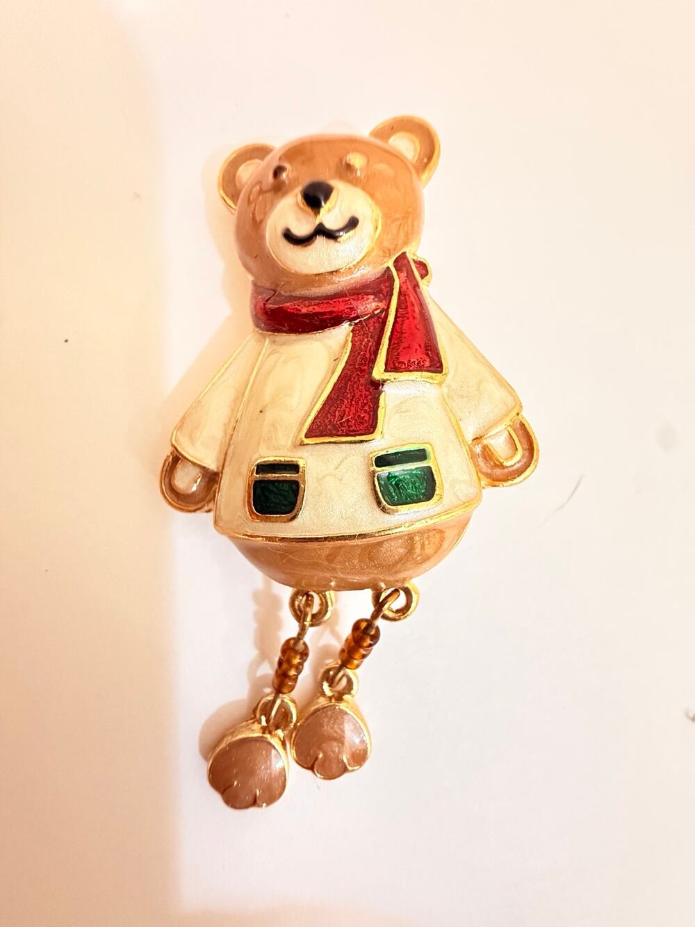 Vintage Christmas Teddy Bear Dangle Legs Brooch Gold Tone